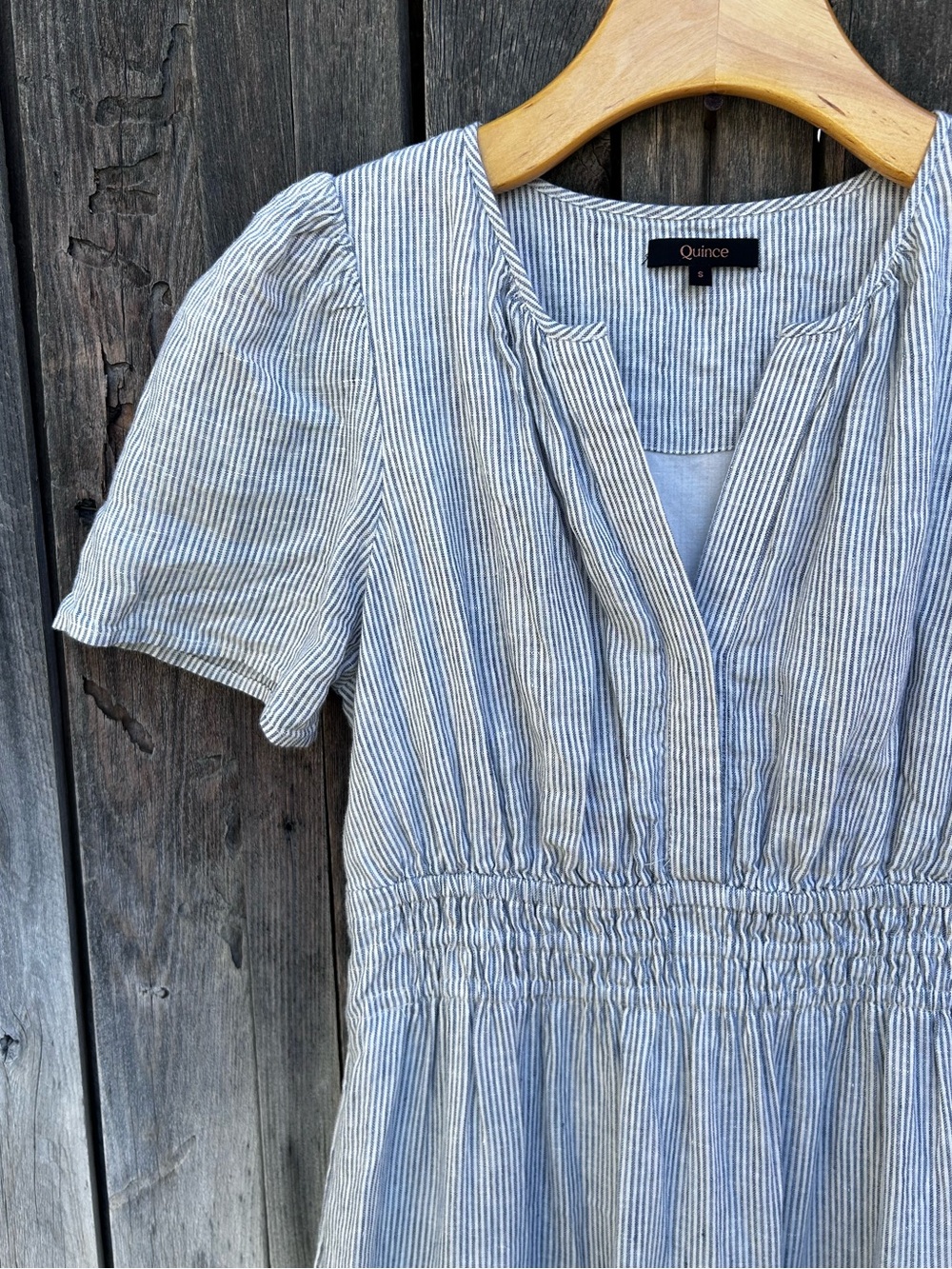 Quince Linen Tiered Maxi Dress Blue Pinstripe S - Picture 4 of 16